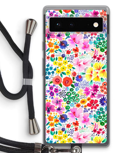 Case Company® - Hoesje met koord geschikt voor Google Pixel 6 hoesje met Koord - Little Flowers - Telefoonhoesje met Zwart Koord - Bescherming aan alle Kanten en Over de Schermrand