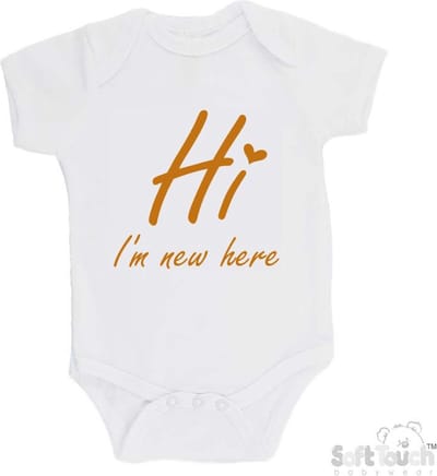100% katoenen Romper "Hi I'm new here" Met Een Hartje Unisex Katoen Wit/tan Maat 62/68