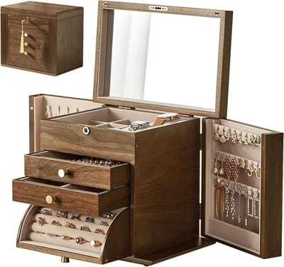 Houten Sieradenkist - Opbergdoos Organizer - Sieraden Opbergen - Met Slot en Spiegel - 4 Lagen Groot - Bruin