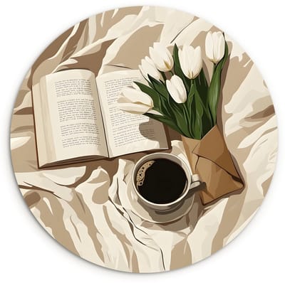 WallCircle® Wandcirkel 120x120 cm - Muurcirkel Boek - Illustratie - Tulpen - Koffie - Muurdecoratie woonkamer - Wanddecoratie slaapkamer - Kamer decoratie accessoires - Ronde schilderijen XXL