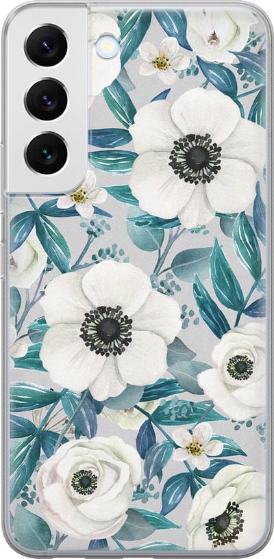 Leuke Telefoonhoesjes - Hoesje geschikt voor Samsung Galaxy S22 - Witte bloemen - Soft case - TPU - Bloemen - Blauw