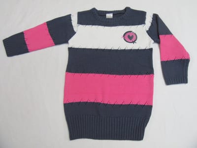 dirkje , meisje, trui , lange pull , gebreid , blauw / roze / creme , 98 - 3 jaar