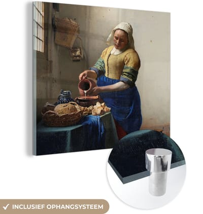 MuchoWow® Glasschilderij 50x50 cm - Schilderij acrylglas - Het melkmeisje - Schilderij van Johannes Vermeer - Foto op glas - Schilderijen
