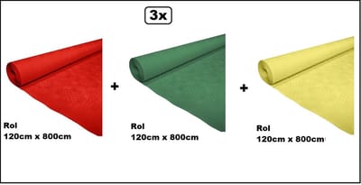 3x Tafelrol tafelkleed rood/groen/geel 120cm x 800cm papier - totaal 24 meter - Party diner food festival eten fun thema feest party