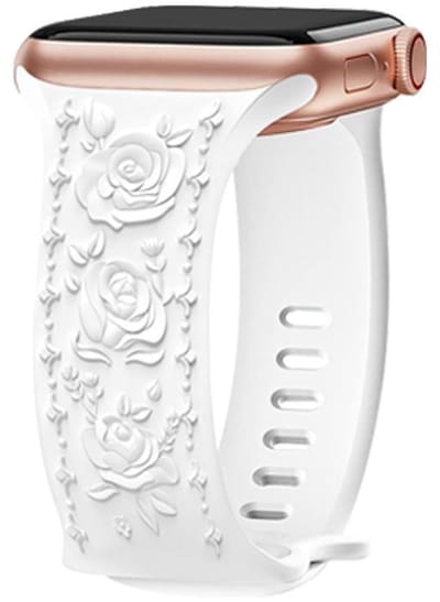 Siliconen bandje - geschikt voor Apple Watch 1/2/3/4/5/6/7/8/9/10/11/ SE (1,2,3) met maat 38 mm / 40 mm / 41 mm en 42 mm (Watch 10/11) - rozen patroon - wit