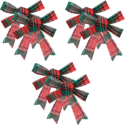 Feeric Christmas kerststrikjes - 6x - rood - groen geblokt - 14 cm - polyester - klassiek - kerstversiering - strikjes