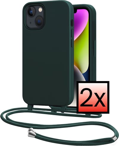 Hoes Geschikt voor iPhone 13 Mini Met Telefoonkoord - Siliconen Hoesje Backcover Met Ketting - Donkergroen - 2 PACK