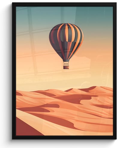 Poster in lijst - Fotolijst 50x70 cm - Posters - Luchtballon - Woestijn - Zonsondergang - Blauw - Posterlijst zwart - Decoratie - Wanddecoratie woonkamer - Muurdecoratie slaapkamer