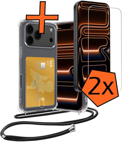 Hoesje Geschikt voor iPhone 17 Pro / 18 Pro Hoesje Met Telefoonketting Pasjeshouder Shockproof Case Met 2x Screenprotector Koord - Hoesje Geschikt voor iPhone 17 Pro / 18 Pro Hoes Met Kaarthouder - Transparant