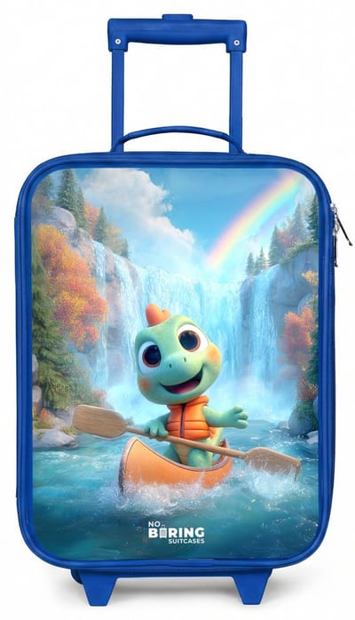 NoBoringSuitcases.com® - Kinderkoffer blauw - Kindertrolley jongen - Dino - Natuur - Waterval - Koffer kind lichtgewicht - Reiskoffer trolley voor kinderen - Koffertje met lichtgevende wieltjes - Rolkoffer