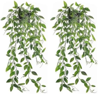 PromoHome Kunstmatige Hangplanten Set van 2 met Potten - Levensechte Decoratie voor Binnen en Buiten - Groene Nep Planten met Zwarte Pot - Onderhoudsvrij en Weerbestendig