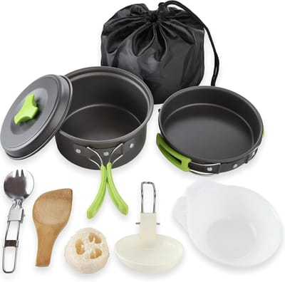 Famanu – Camping kookgerei mess kit, 10-delige set van geanodiseerd aluminium voor outdoor koken en backpacken