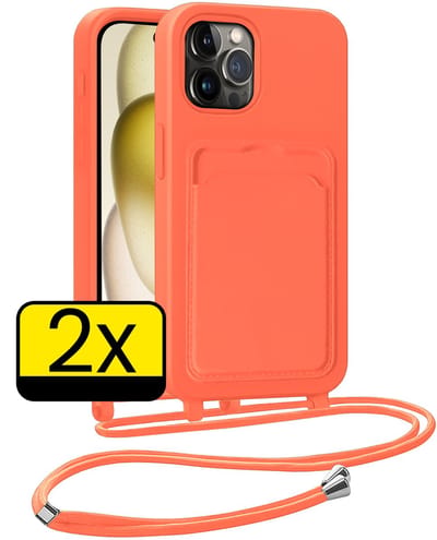 Hoesje Geschikt voor iPhone 14 Pro Telefoonhoesje Met Koord Case Pashouder Siliconen - Hoes Geschikt voor iPhone 14 Pro Hoesje Met Kaarthouder - Papaya - 2 Stuks