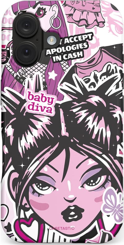Casetastic hoesje geschikt voor Apple iPhone 16 - MagSafe - Dubbellaagse bescherming - Roze Y2K Pop Teen Girly Cash Diva Collage - Fashion Case - Grijs Donkergrijs Wit Lichtroze