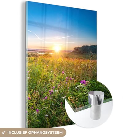 MuchoWow® Glasschilderij 30x40 cm - Schilderij acrylglas - Zon - Gras - Bloemen - Foto op glas - Schilderijen