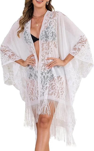1 Stuk Wit - zwembad overkleding - vakantie strandoutfit, Dames Elegante Kanten Strandkimono - Polyester Badpak Overdoek - Met Franjezoom - Ademend Lichtgewicht - Geschikt Voor Strand Zwembad Vakantie Feestjes En Speciale Gelegenheden | Cyslmuk®