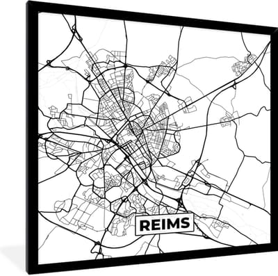 Fotolijst incl. Poster Zwart Wit- Kaart - Plattegrond - Reims - Frankrijk - Stadskaart - Zwart wit - 40x40 cm - Posterlijst