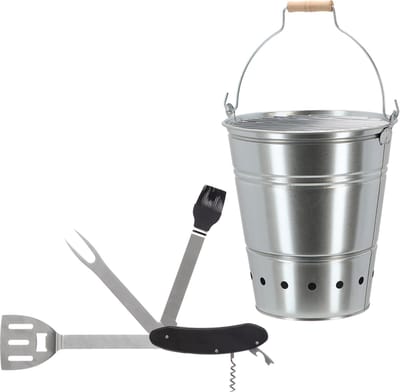Barbecue set - houtskool BBQ emmer en een 5-in-1 Zwitsers BBQ zakmes - handig mee te nemen