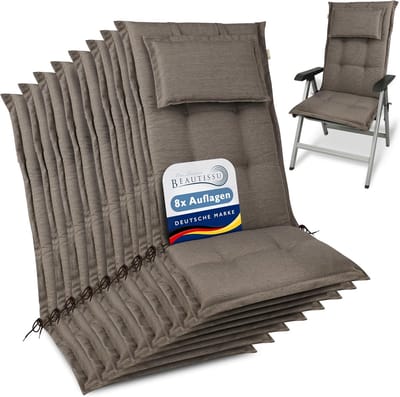 Beautissu HighLux HL – Set van 8 Tuinkussens Hoge Rug Kussen 120x50x7cm – Outdoor Zitkussen voor Tuinstoel Taupe