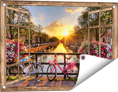 Gards Tuinposter Doorkijk Amsterdamse Brug met Zonsopgang - 60x40 cm - Tuindoek - Tuindecoratie - Wanddecoratie buiten - Tuinschilderij
