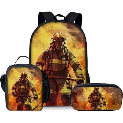 Ensemble de Sacs à Dos Trois Pièces Pompier pour Garçons et Filles Meilleurs Cadeaux Sac à Dos Scolaire Plat Dessin Animé 2D pour Enfants black