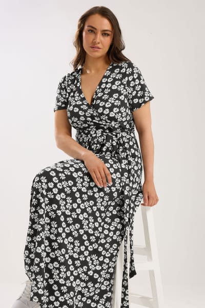 Yours Zwarte Maxiwikkeljurk Met Bloemenprint En Korte Mouwen Size 44