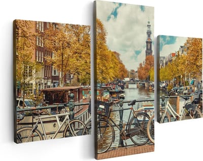 Artaza Canvas Schilderij Drieluik Amsterdamse Brug Bij Een Brug Met Fietsen - 90x60 - Foto Op Canvas - Canvas Print