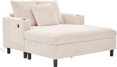 REDOM - Relaxfauteuil Met Chaise Longue - Met USB-Aansluiting En Bekerhouder - Modern - Voor Woonkamer Of Slaapkamer - Corduroy - 142 x 128 x 85 cm- Beige