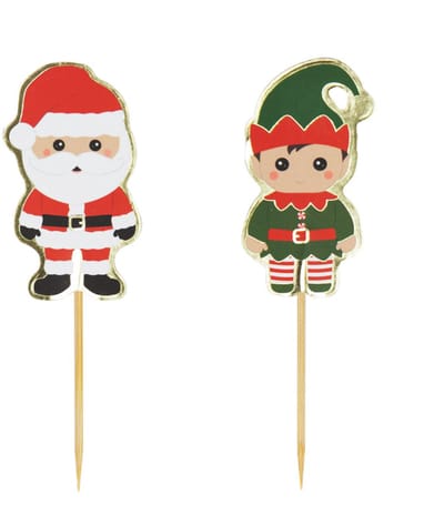 PARTYPRO - 10 houten prikkers Sweety Xmas 10 cm Kerstman en elf