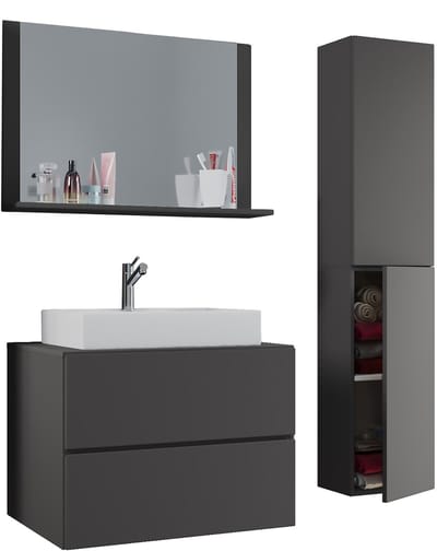 VCM 4-tlg. Waschplatz Waschtisch | Waschbecken Unterschrank Breite 80 cm | Badmöbel Set mit Schubladen Drehtüren Spiegel | Lendas L