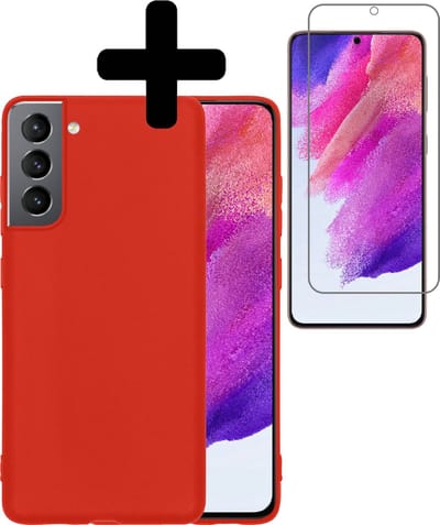 Hoesje - Met Screenprotector - Geschikt voor Samsung Galaxy S21 FE - Sterk & Shockproof - Back Cover - Siliconen Case - Telefoon Hoes - Telefoonhoesjes - Rood