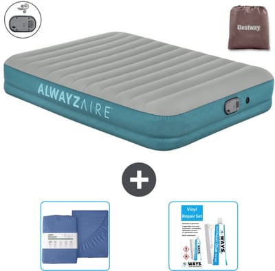 Bestway luchtbed Alwayszair - 2-Persoons -152 x 203 x 36 cm - Grijs/Blauw - Inclusief pomp - Hoeslaken en Reparatieset
