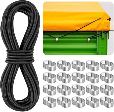 Elastische spanner voor dekzeilen en aanhangers, 6 mm x 10 m, zwart, met 20 M6 aluminium hulzen, ideaal voor camping, tenten en fietsen, sterk en duurzaam
