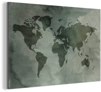 Aluminium schilderij 180x120 cm - Wanddecoratie metaal - Wereldkaart - Waterverf - Grijs - Metalen muurdecoratie woonkamer - Decoratie industrieel - Foto op dibond - Industriële accessoires slaapkamer