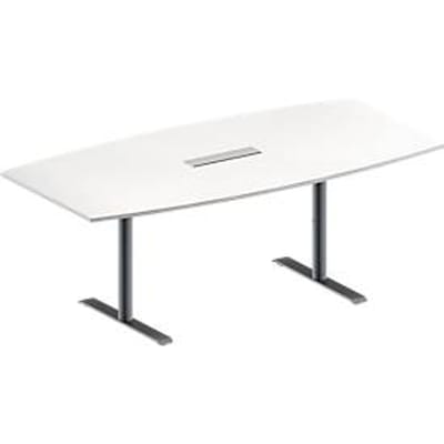 Schäfer Shop Genius Vergadertafel MODENA FLEX, in hoogte verstelbaar, 6-voudige contactdoos, bootvorm, T-poot ronde buis, B 2000 x D 1000/800 mm, wit