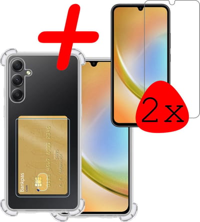 Hoesje Geschikt voor Samsung Galaxy A34 - Met 2x Screenprotector - Pashouder - Kaarthouder - Telefoon Hoes Shockproof - Siliconen Case - Back Cover - Shock Proof - Pasjes Houder - Transparant