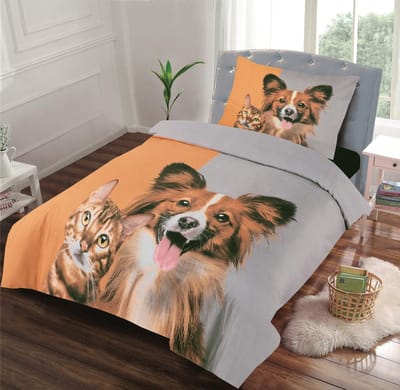 Dekbedovertrek -Hond en kat-Eenpersoons -140 x 220-cm + 1 kussensloop 60x70cm