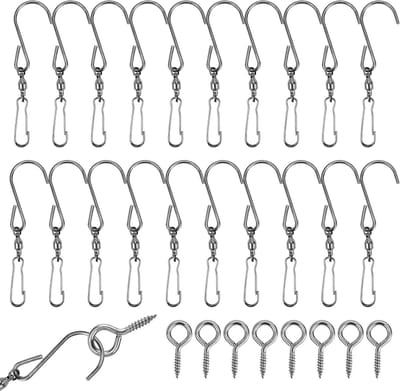 Set van 20 Wind Spinner Haakclips voor het Ophangen van Planten, 360 Graden Dubbele Windsok Haak met 8 Plafondschroeven voor Vogelvoeders, Bloempotten en Tuindecoraties