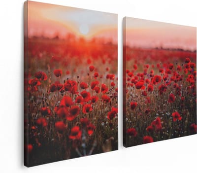 Artaza Canvas Schilderij Tweeluik Rode Klaprozen Bloemenveld Zonsondergang - 120x80 cm - Wanddecoratie Woonkamer - Schilderijen - Muurdecoratie