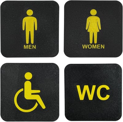 WC bordjes | Man, Vrouw, Invalide, | 10cm vierkant 2mm dik| ZwartGoud | Bio plastic
