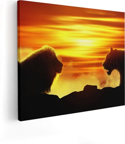 Artaza Canvas Schilderij Leeuw En Tijger - 100x80 cm - Groot - Wanddecoratie Dieren - Muurdecoratie Zonsondergang - Schilderijen Op Canvas