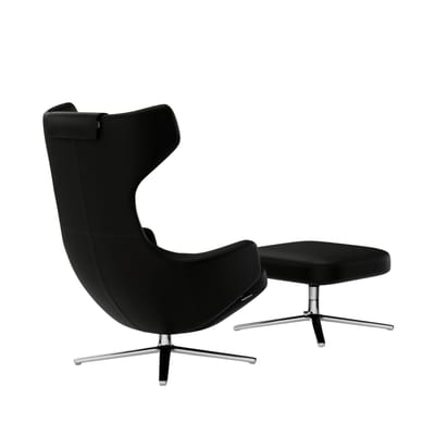 Vitra - Grand Repos Fauteuil & Ottoman - gepolijst aluminium - Lederen contrastnaad 66 nero - Zithoogte 40 cm - zwart