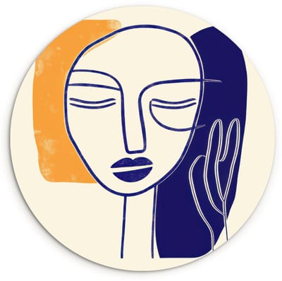 WallCircle® Wandcirkel 120x120 cm - Muurcirkel Minimalistisch - Gezicht - Hand - Oranje - Blauw - Muurdecoratie woonkamer - Wanddecoratie slaapkamer - Kamer decoratie accessoires - Ronde schilderijen XXL