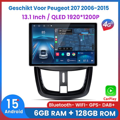 Awesafe 13.1 Inch 6+128GB Android 15 Carplay Autoradio - Geschikt Voor Peugeot 207 2006 t/m 2015 - Draadloze Carplay Android Auto - QLED 1920*1200P Touchscreen - GPS Navigatie 4G WiFi - Bluetooth Radio