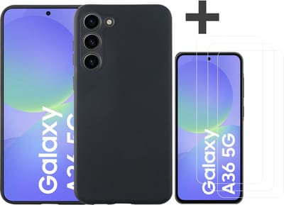 Hoesje geschikt voor Samsung Galaxy A36 hoesje zacht siliconen met 3 Stuks gehard glas Screenprotectors- Arara backcover - Zwart