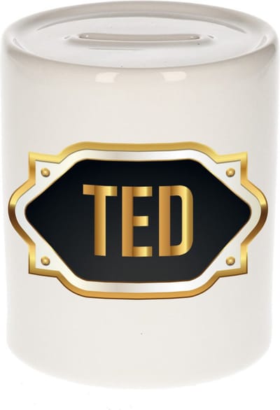 Spaarpot met voornaam Ted - wit - met goud/zwart embleem - 8 x 9 cm - keramiek - met afsluitdop - cadeau verjaardag