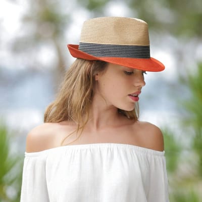 Stevie Trilby – Zomerhoed Dames & Heren Natuurlijke Vezel - Maat: L-XL: 61 cm - Ivory/Black/Orange