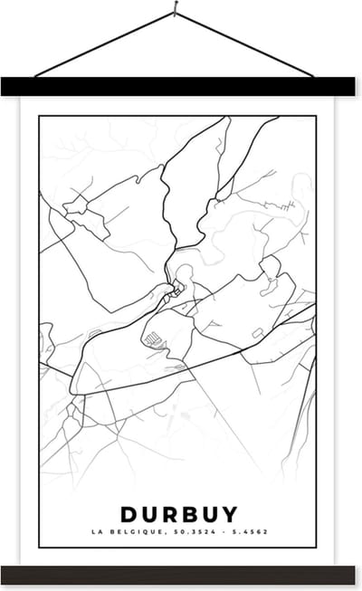 Posterhanger incl. Poster 40x60 cm - Schoolplaat - Zwart Wit – België – Plattegrond – Stadskaart – Kaart – Durbuy - Textielposter - Zwarte latten - Stadskaart