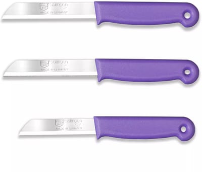 Solingen 3 delige keukenmessen set met 2 schilmessen en 1 tomatenmes 15 cm en 18 cm paars