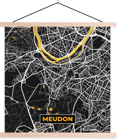 Posterhanger incl. Poster 40x40 cm - Schoolplaat - Kaart – Stadskaart – Meudon - Plattegrond – Frankrijk - Textielposter - Blanke latten - Stadskaart